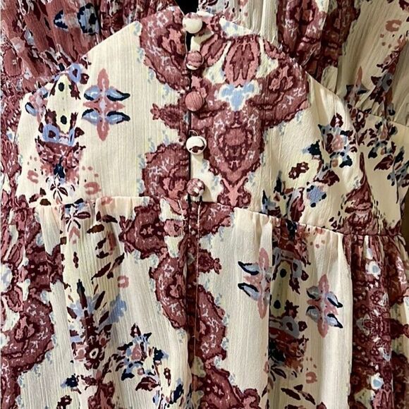 Sheer Pink Floral Print Duster Womens Boho Front Button Puff Sleeves Size M - Picture 3 of 6